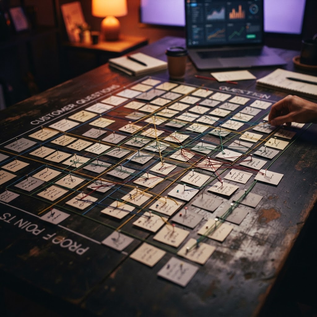 A dark decision matrix linking customer questions to proof points