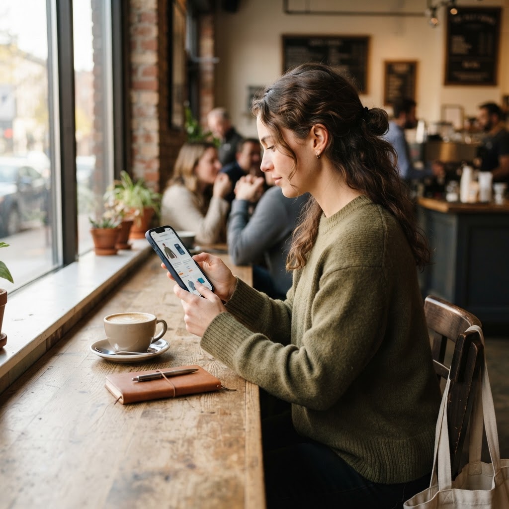 The handoff matters because the customer still has to make a choice. A customer in a coffee shop comparing two product pages on a phone before buying