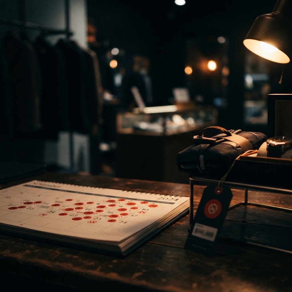 A calendar marked by recurring sale moments beside a product price tag