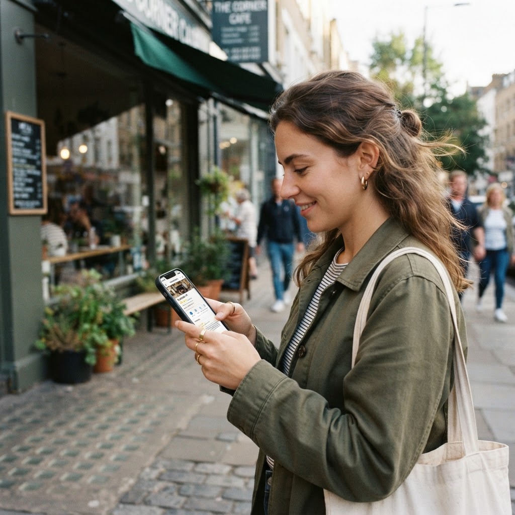 A customer looking at a business profile and reviews on a phone outside a neighborhood shop