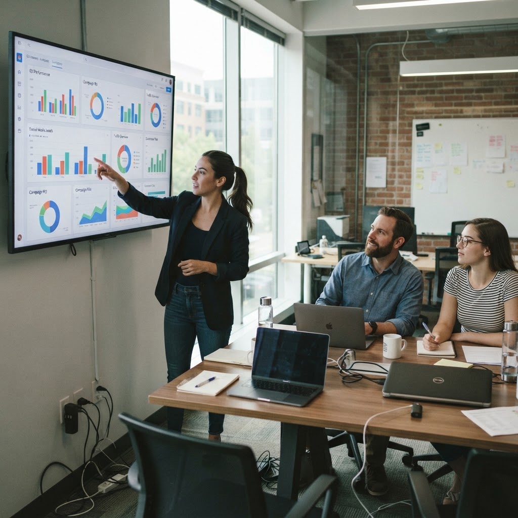 The team trusts the dashboard. The dashboard trusts Google. Nobody trusts what they can't see. Candid photo of a marketing team in a conference room, analytics dashboard on a large screen, someone pointing at a chart