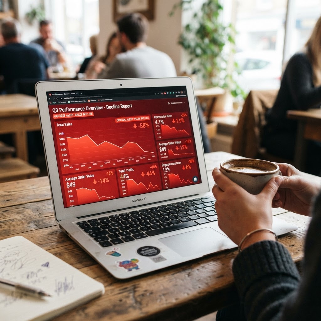 When your AHR score drops, your campaigns stop. The dashboard tells you before the platform does. A laptop on a coffee shop table showing a social commerce analytics dashboard