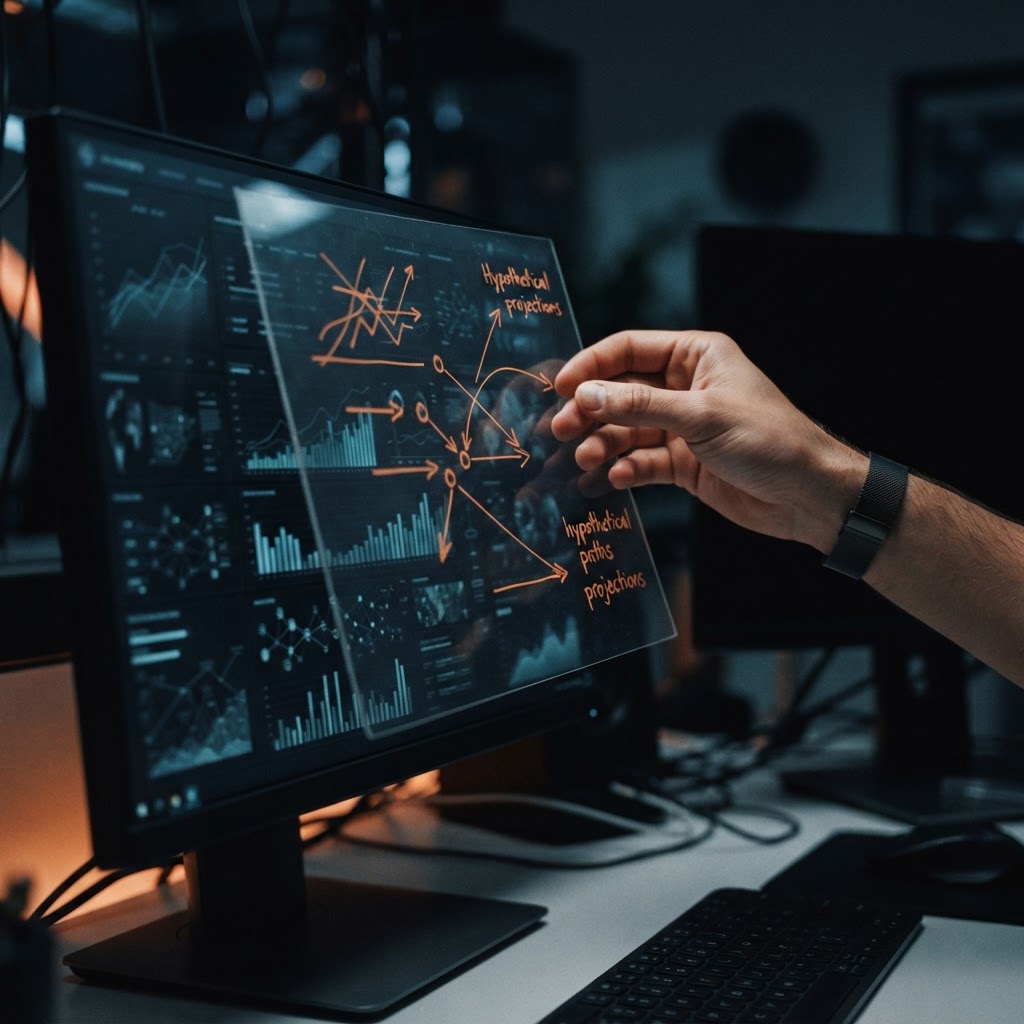 Photorealistic hand reviewing transparent campaign hypotheses and outcome lines over a dark analytics display