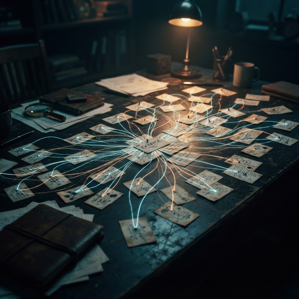 The path from being found to being trusted has more than one step. Index cards connected by thin light trails across a dark table