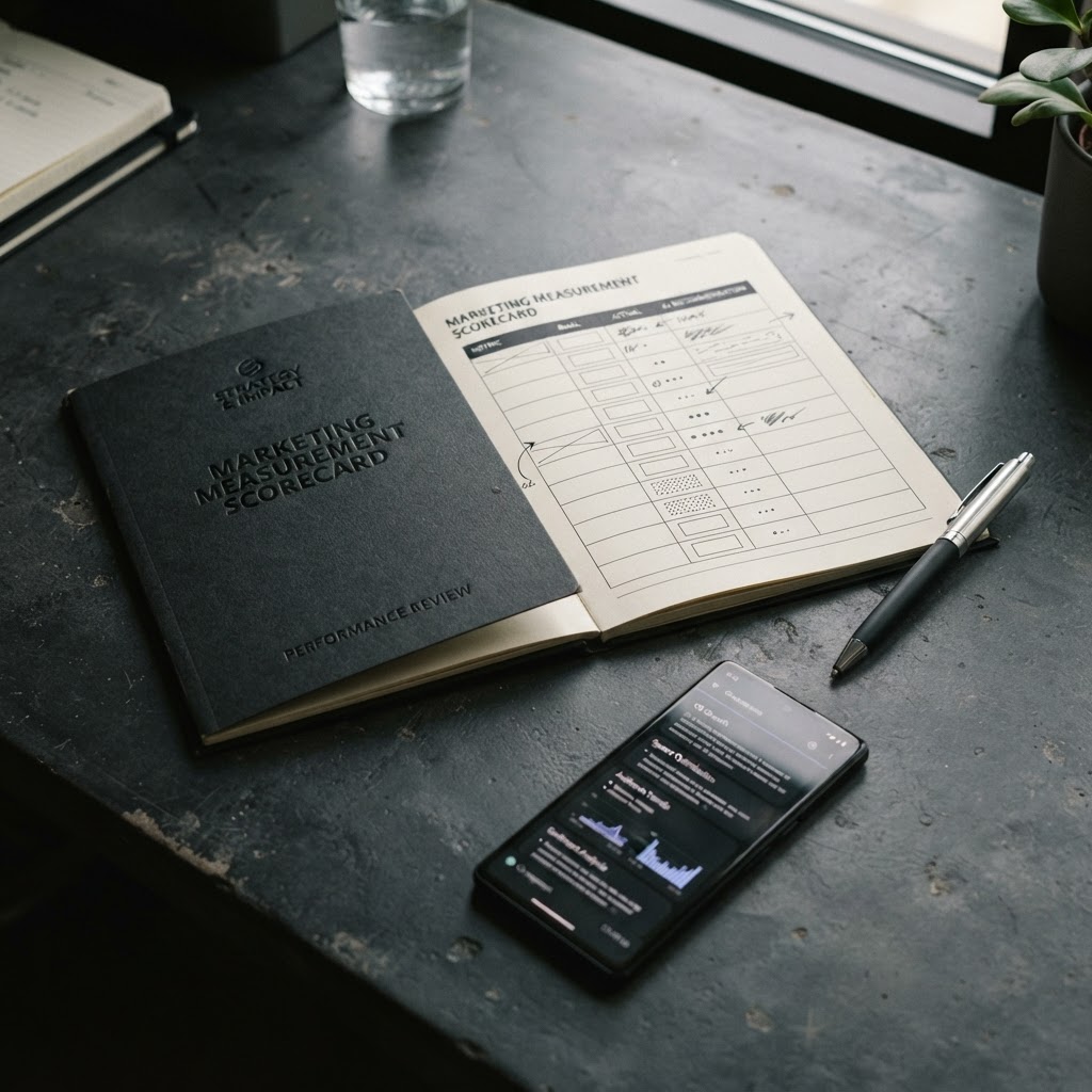 Dark editorial scorecard with blank metric blocks and an abstract AI answer on a phone