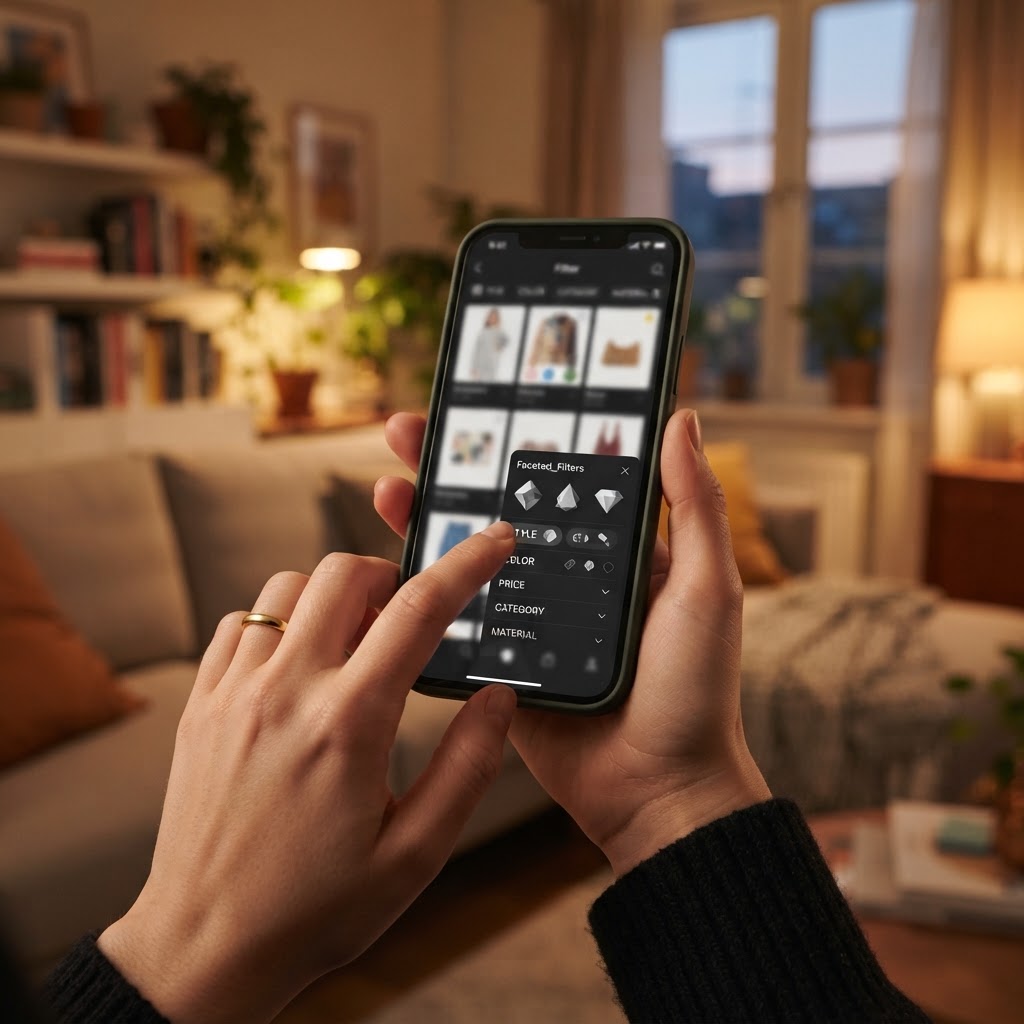 A shopper using product filters on a smartphone in a real apartment