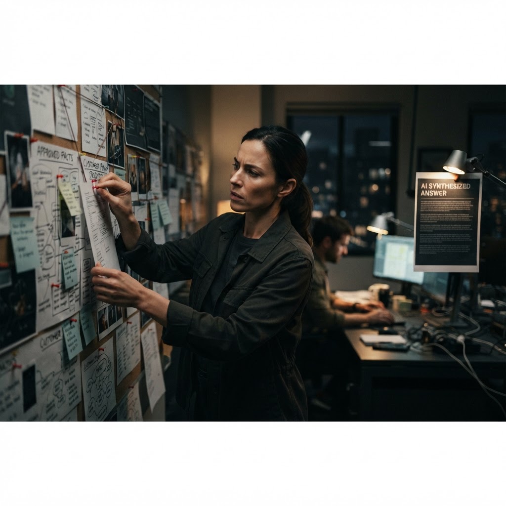 Good AI visibility starts with claims someone is willing to stand behind. A marketing lead pinning approved product facts and customer proof beside a printed answer