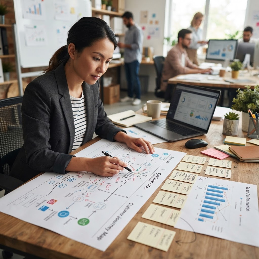 A marketer reviewing taxonomy cards and a customer journey map beside sales data