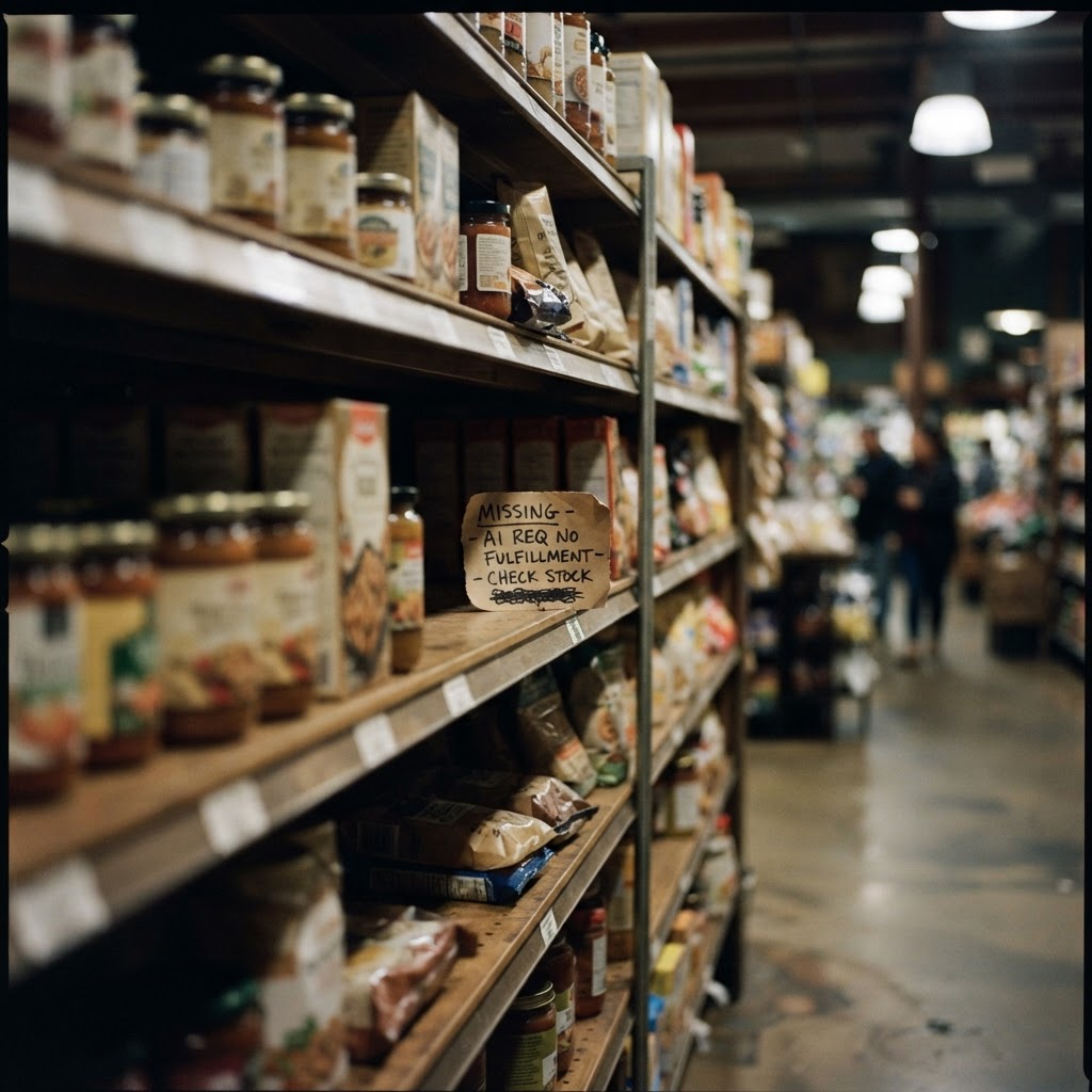 A recommendation is worthless when the product cannot keep its promise. A retail shelf has one product missing while a handwritten inventory note sits beside it, a quiet picture of recommendation without fulfillment