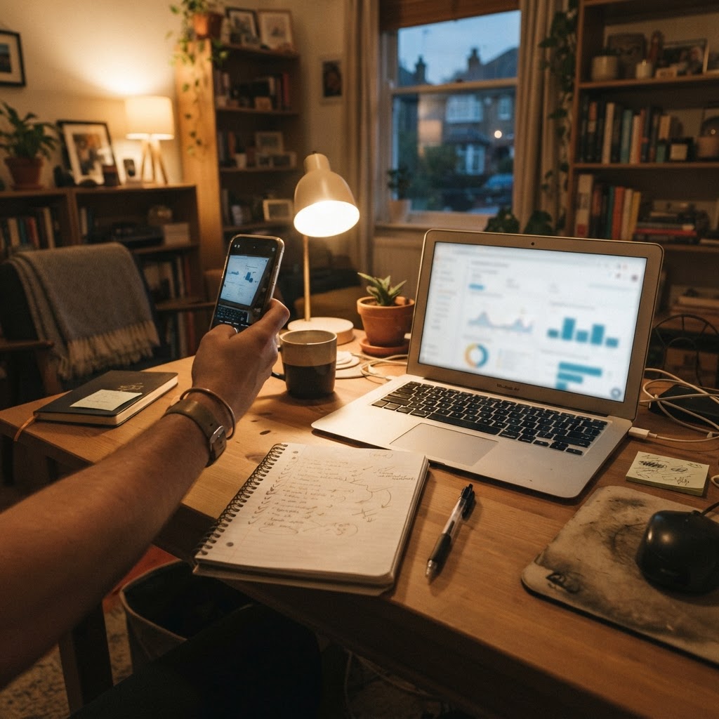 A late-night marketer reviews blurred campaign shapes beside a handwritten checklist