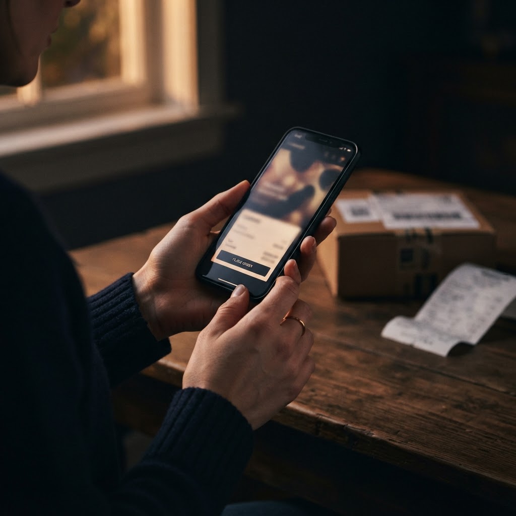 A shopper reviewing an ecommerce checkout on a phone beside a package