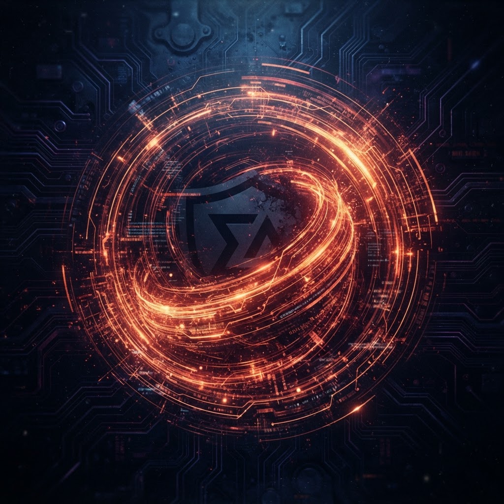 The loop is closed. Your ad spend amplifies the lie AI told about you. Dark cinematic cover image showing a vortex of data streams consuming a brand identity, amber and red tones on navy background