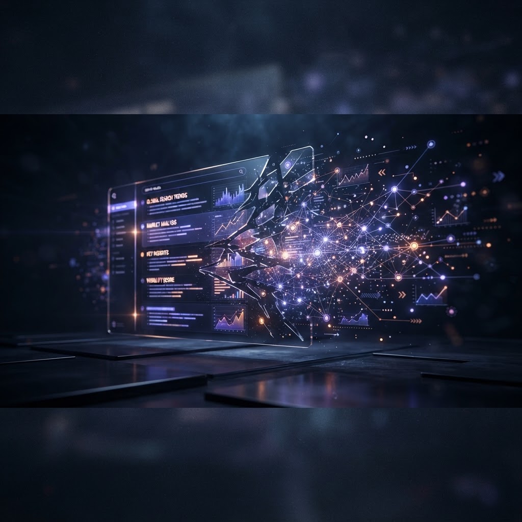 A glowing search interface dissolves into citation nodes and analytics signals.