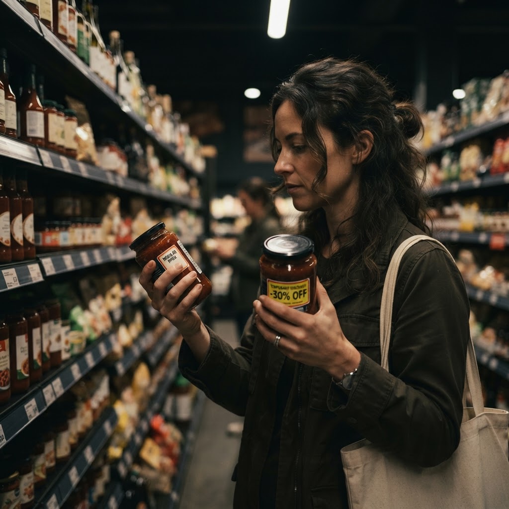 A shopper comparing a discounted product with an everyday-priced alternative