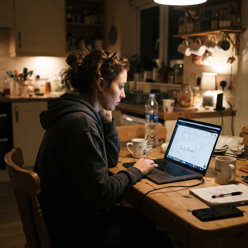 A solo marketer reviewing an AI ad campaign at a kitchen table