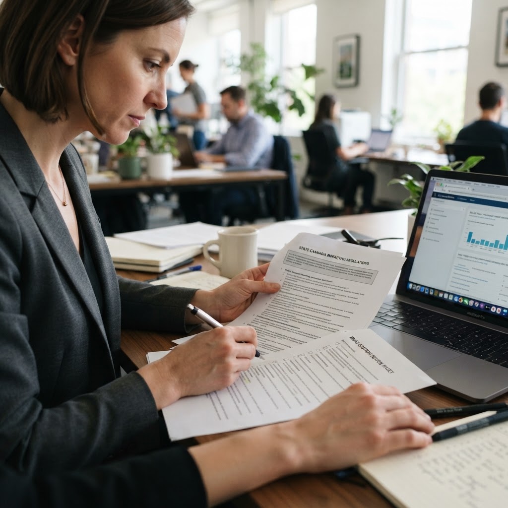 A compliance manager compares official regulations with a cannabis marketing review sheet and source URLs.