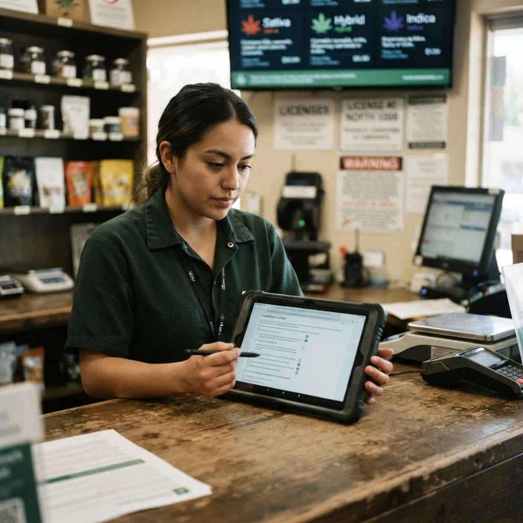 A dispensary operator reviewing a local search listing and compliance checklist