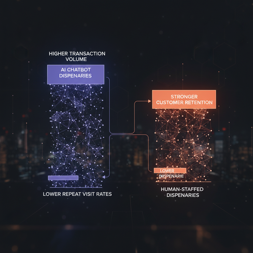 Data showing AI chatbot retail locations have higher transactions but lower repeat visit rates versus human-staffed stores