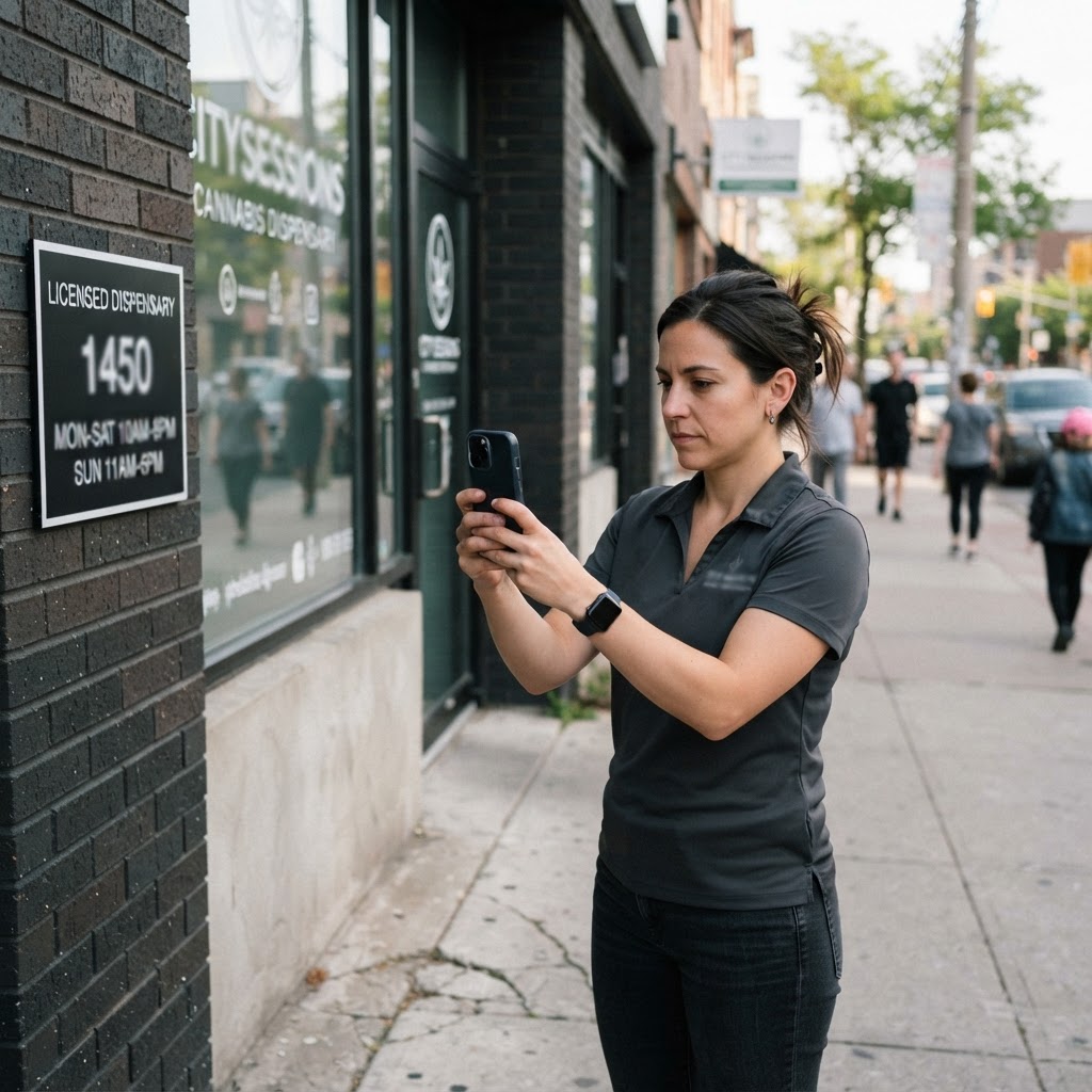 A store manager checks a dispensary address plaque and hours sign before updating local listings