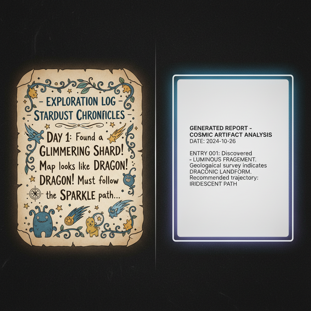 Split screen showing handwritten authentic notes vs sterile AI copy