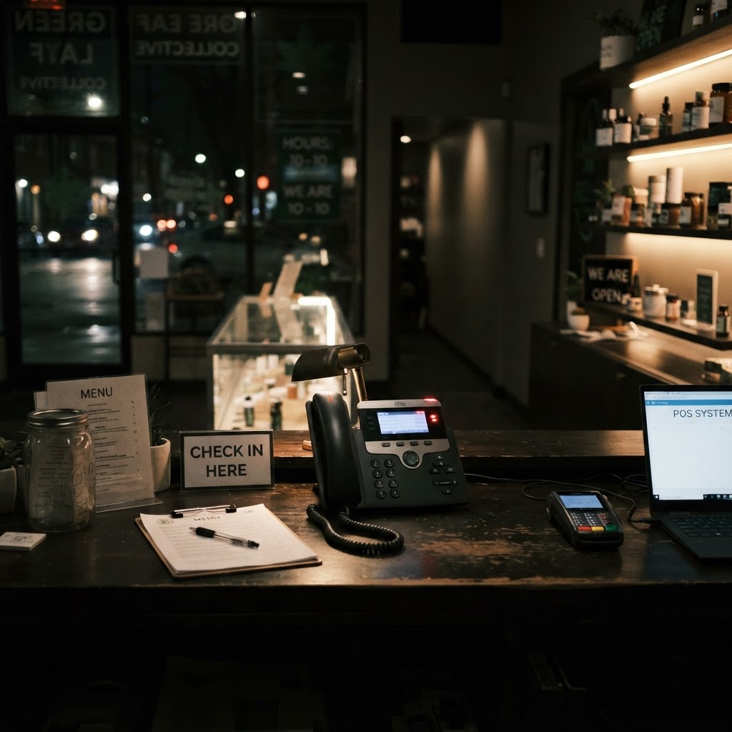 A cannabis dispensary reception desk at night, phone ringing with no one to answer