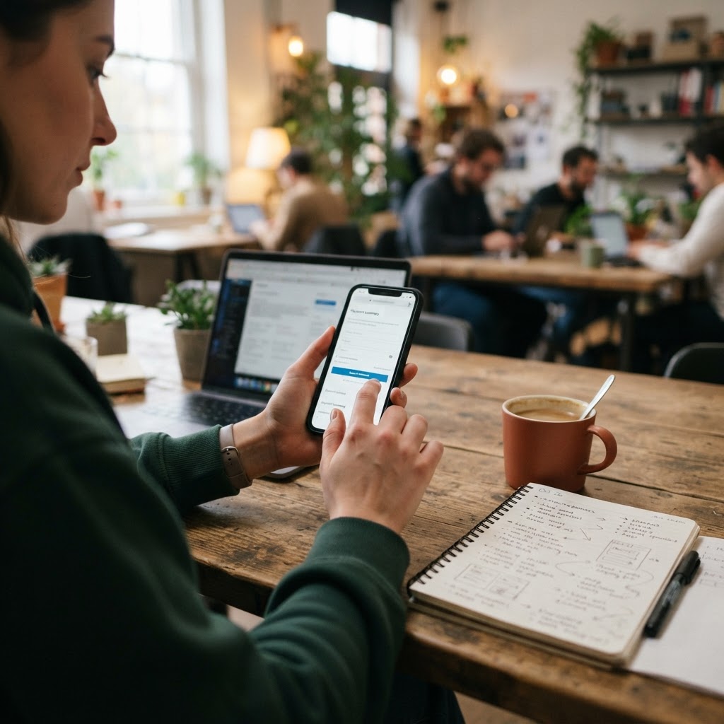 Candid phone photo of a marketer testing checkout beside handwritten notes