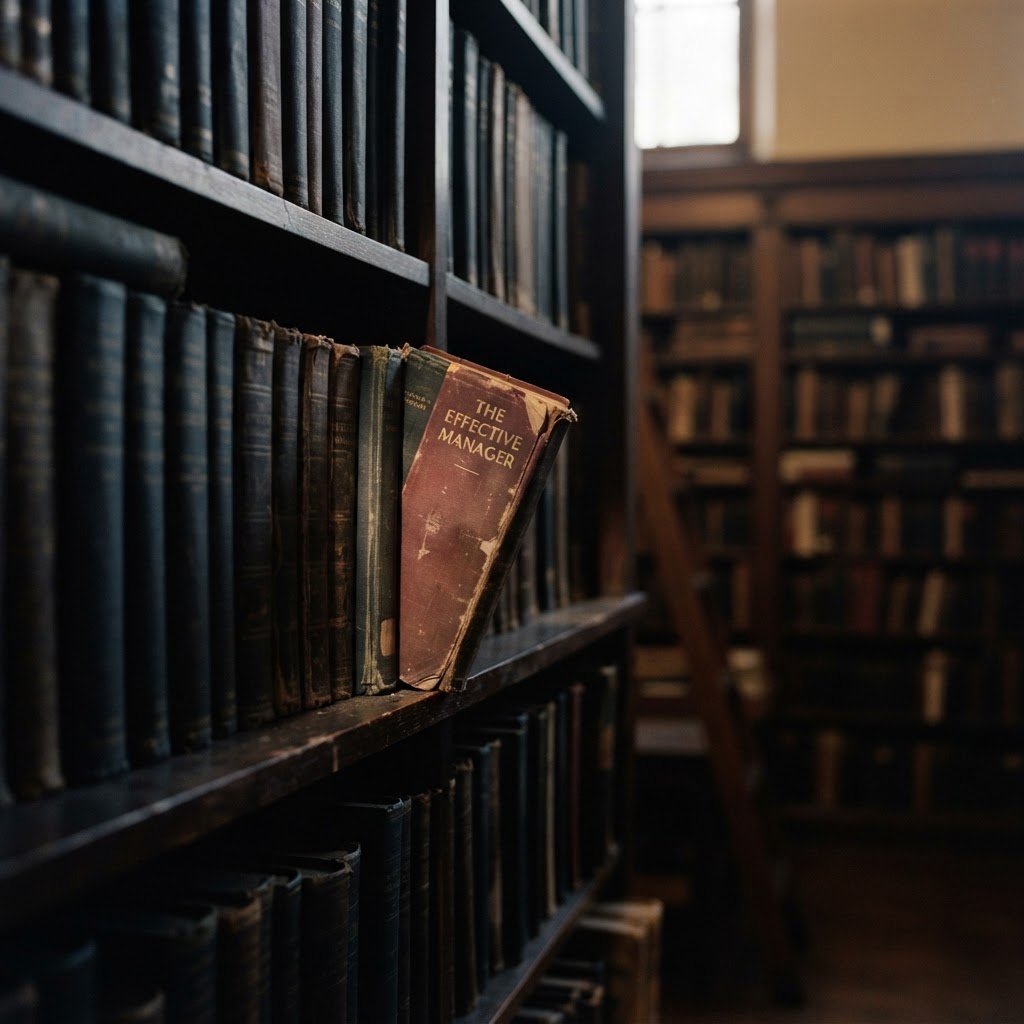 A quiet library archive with one business book pulled forward