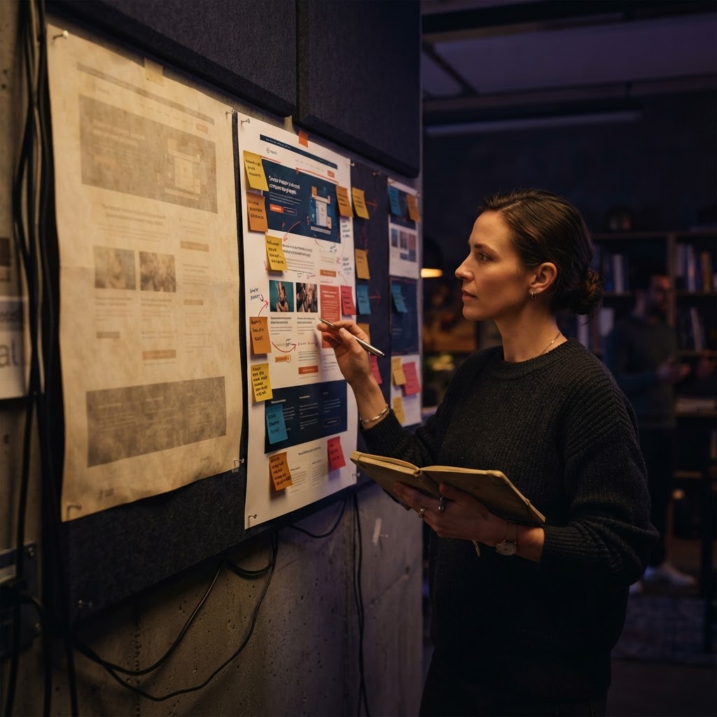 Two versions of a printed web page compared on a wall