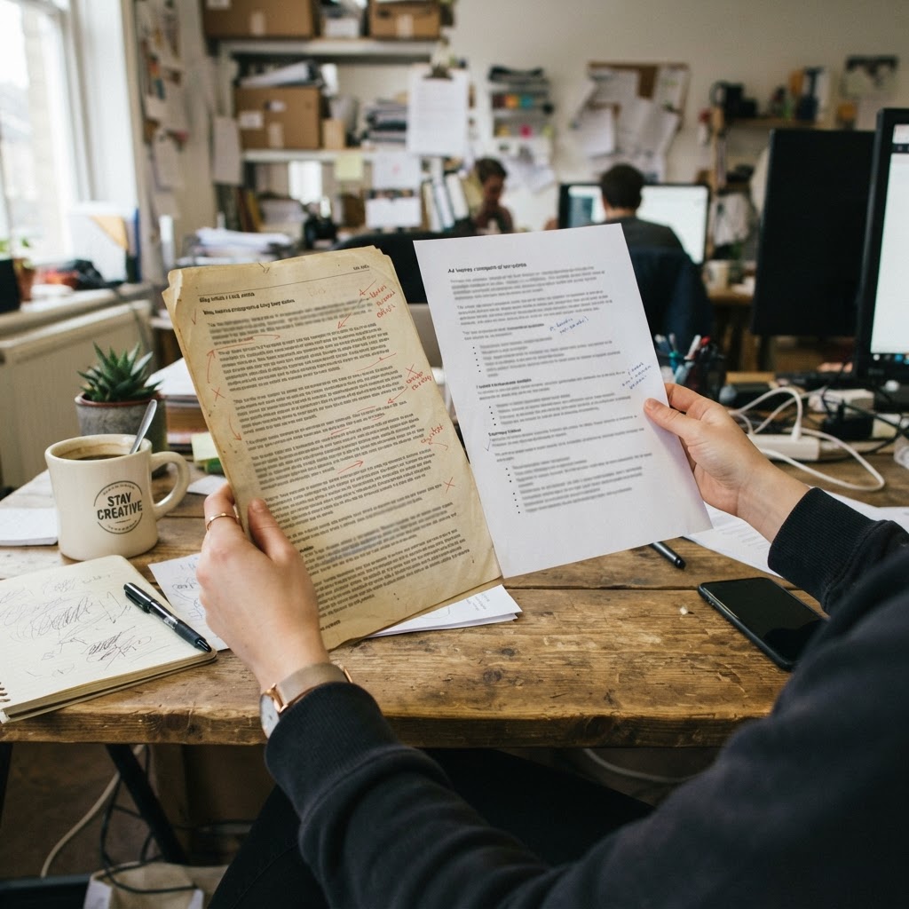 A candid smartphone photo of two printed article versions in a small back office