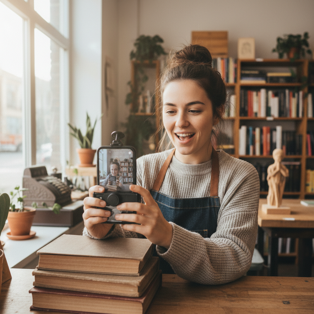 Small business owner filming authentic behind-the-scenes content