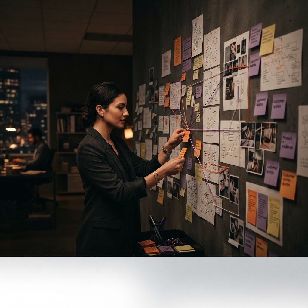 A content strategist mapping customer questions to source evidence on a wall
