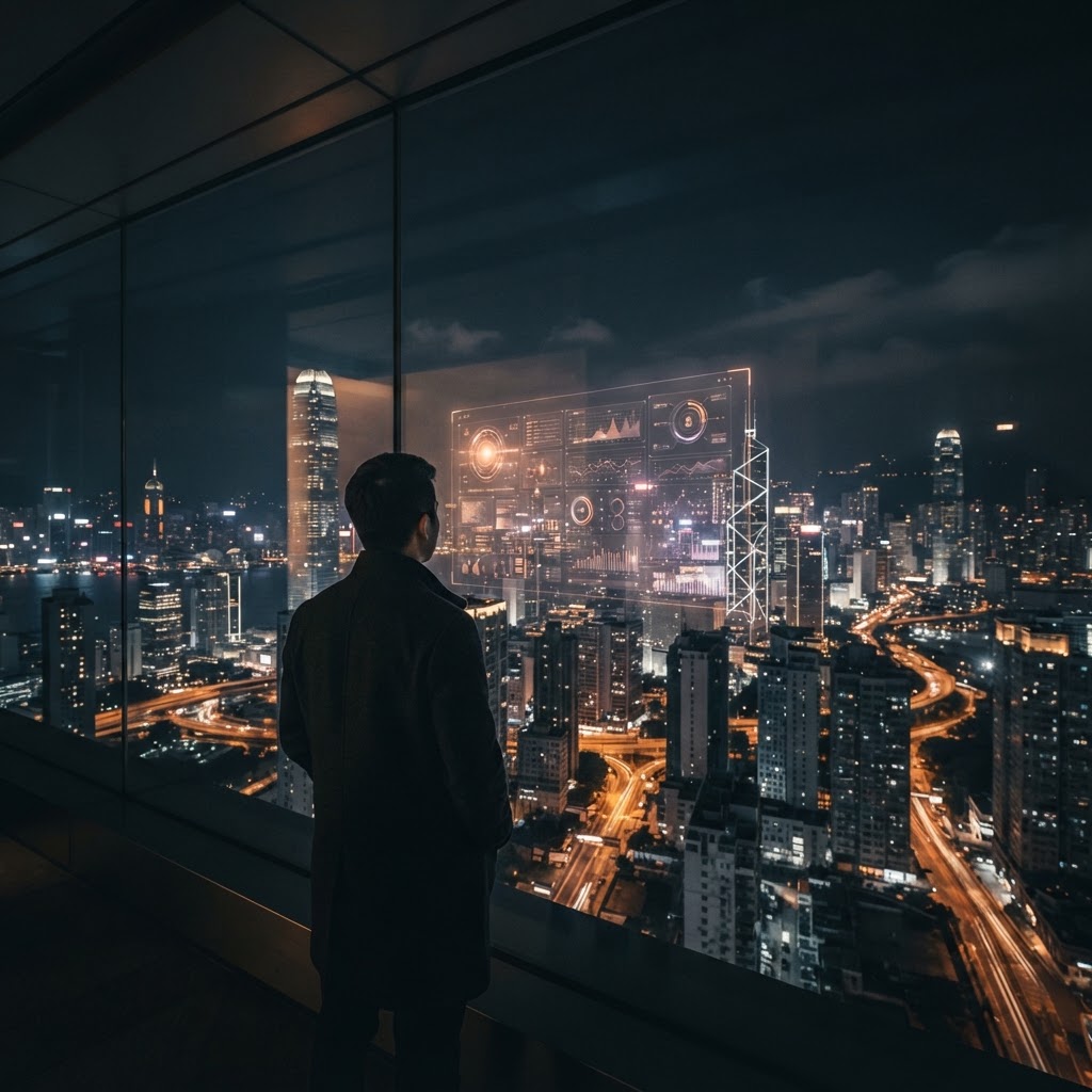 A glowing AI answer interface reflected across a city at night