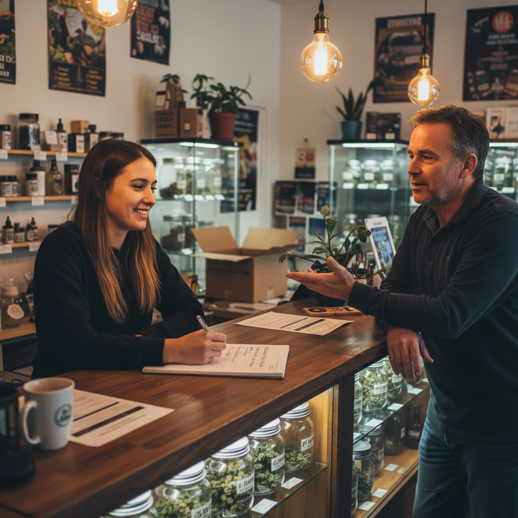 Cannabis sales associate taking handwritten notes about a regular customer's preferences