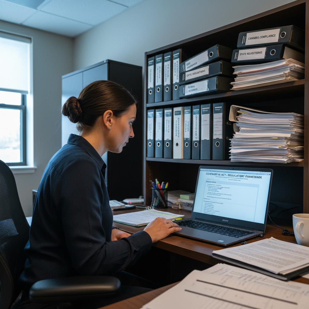 Cannabis compliance officer reviewing Colorado AI Act documents on laptop