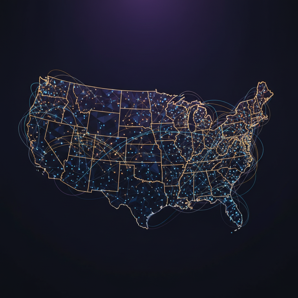 US map with fragmented data nodes