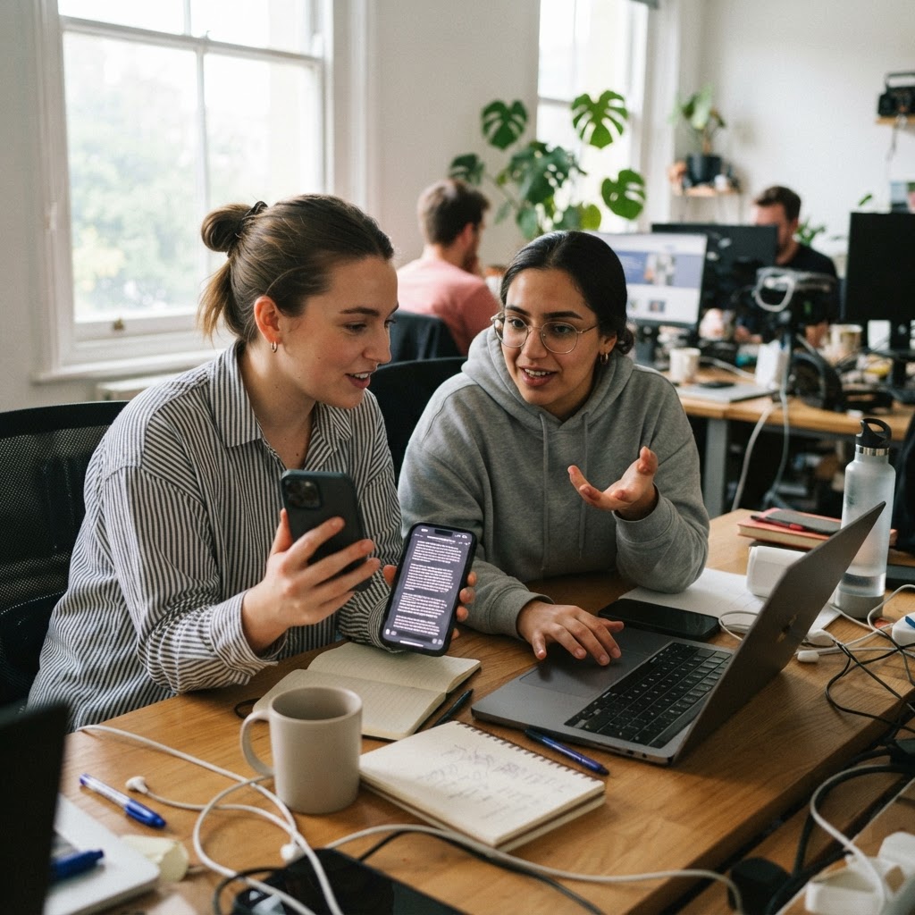 Two marketers compare an AI answer with a real website page in a candid workspace moment.