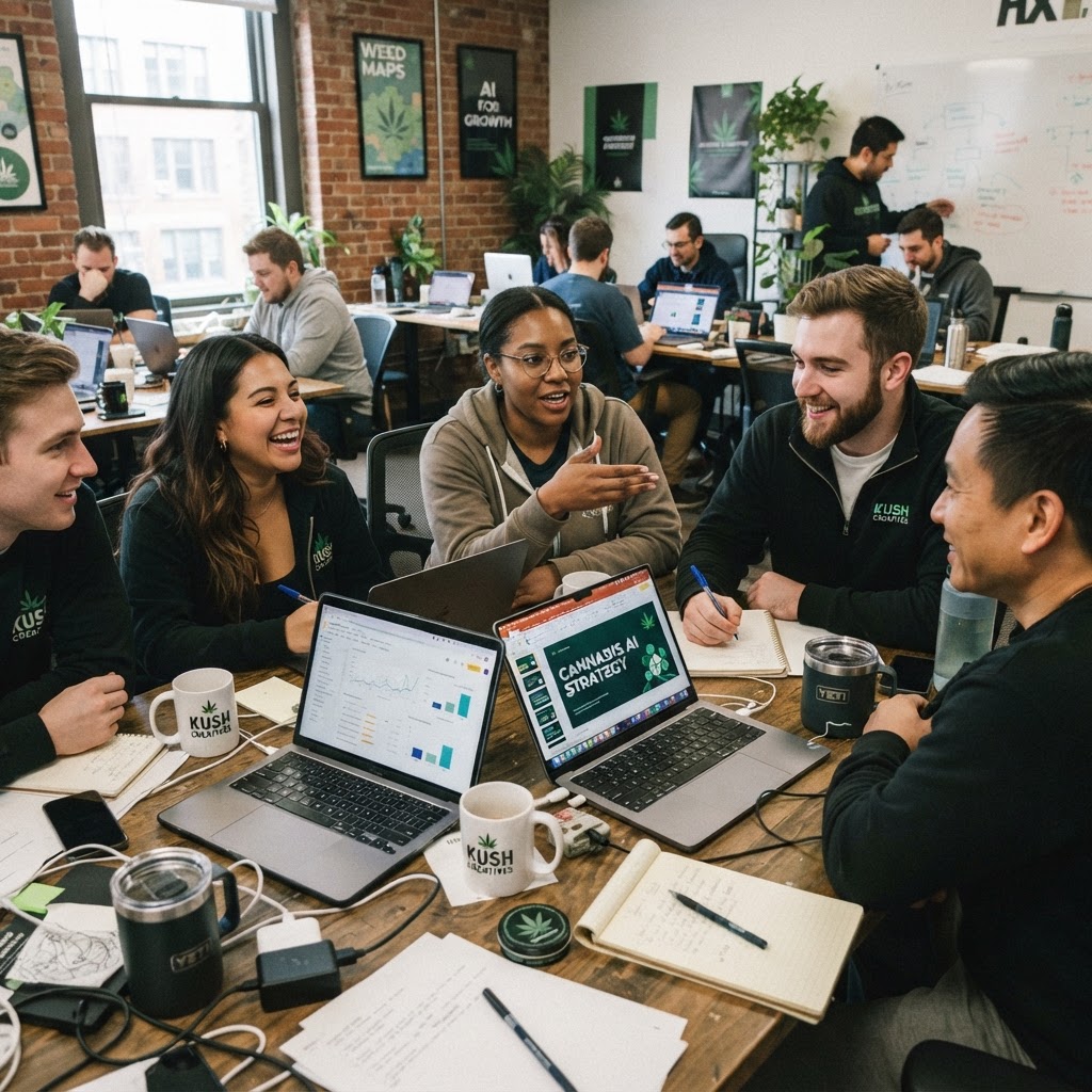 Cannabis marketing team in strategy meeting discussing AI