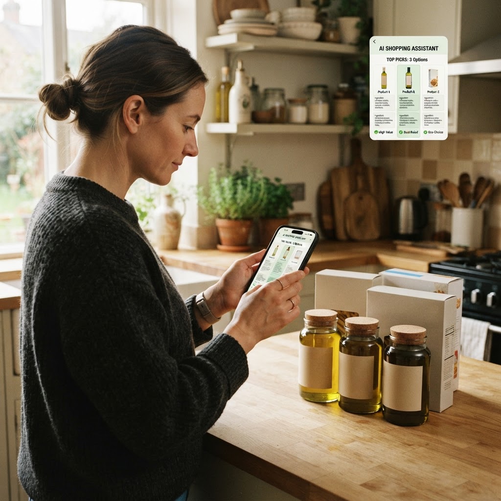 The buyer still has to believe the recommendation after the ad disappears. A shopper comparing products after an AI recommendation in a real kitchen