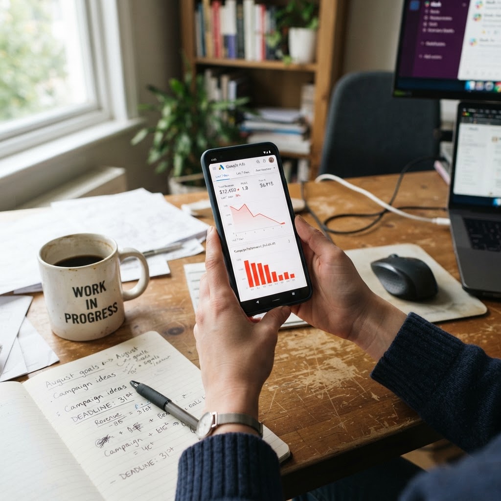 When the ad platform you bet on does not deliver Hands holding phone showing declining ad campaign dashboard