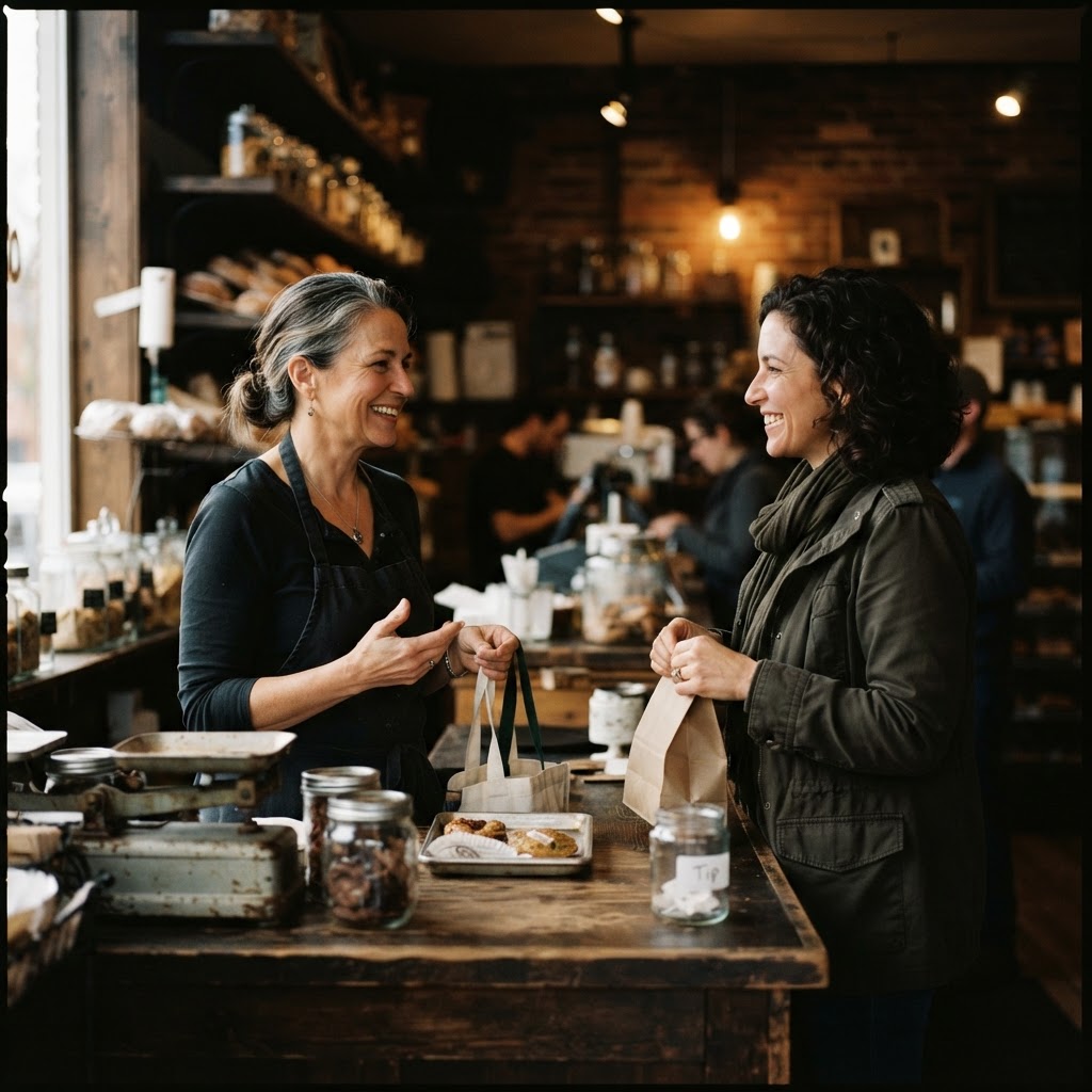 A small business owner speaking with a returning customer at a counter