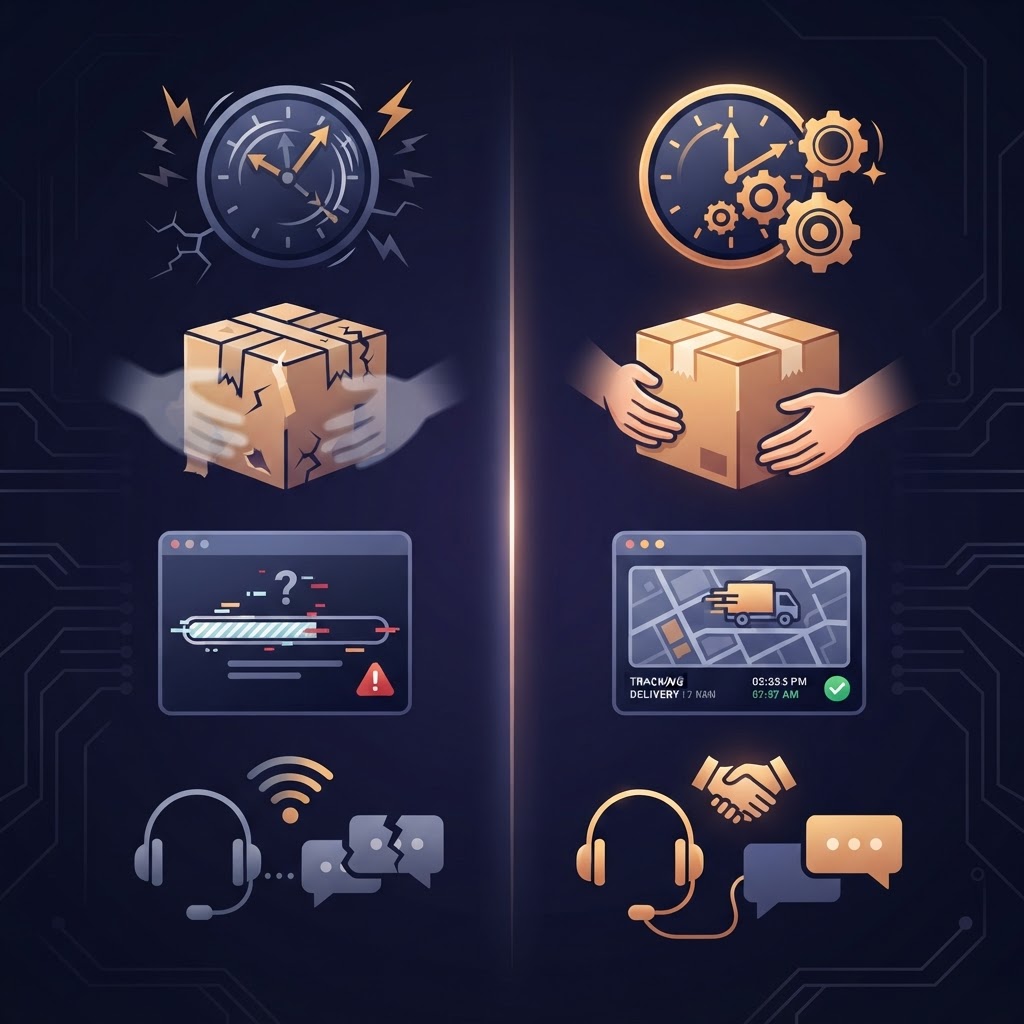 The best loyalty benefit is often less uncertainty, not a louder discount. A split editorial visualization contrasting rushed delivery with transparent reliable delivery