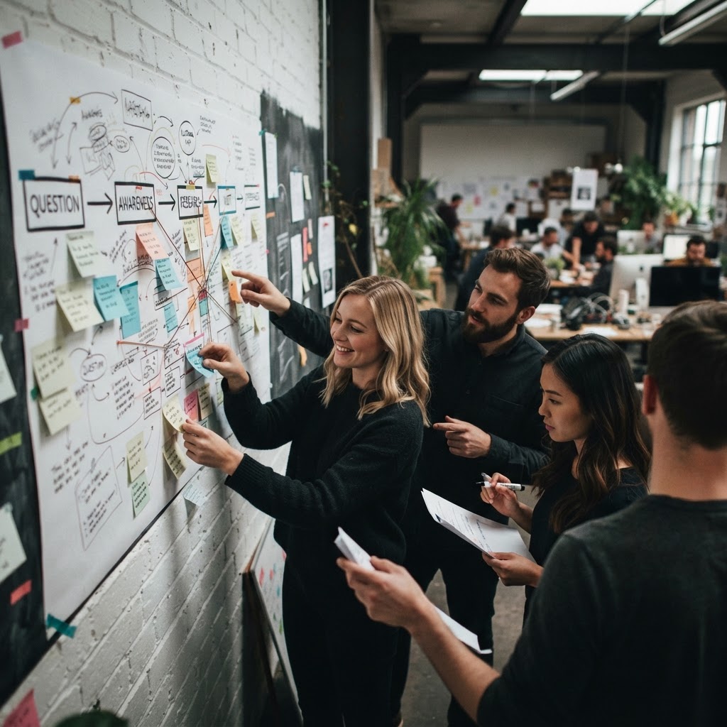 A marketing team mapping a customer journey from question to visit to purchase