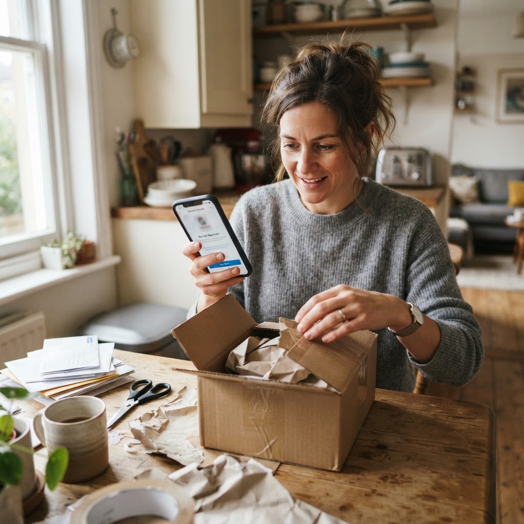 A customer opening a delivery package at a kitchen table with a phone showing a reorder reminder