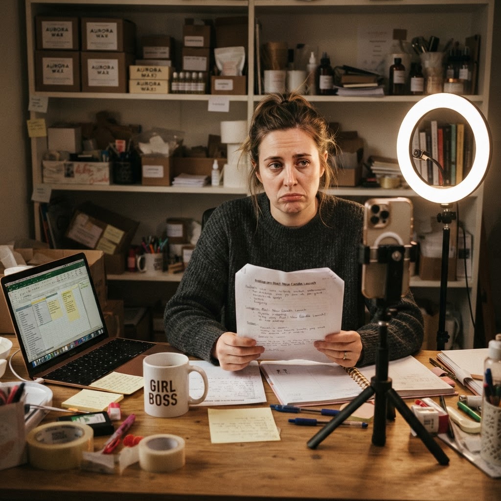 The sellers who built their entire workflow on text-to-speech narration are the ones who got caught flat-footed. A small seller at a ring light with phone on tripod, looking stressed while holding a script