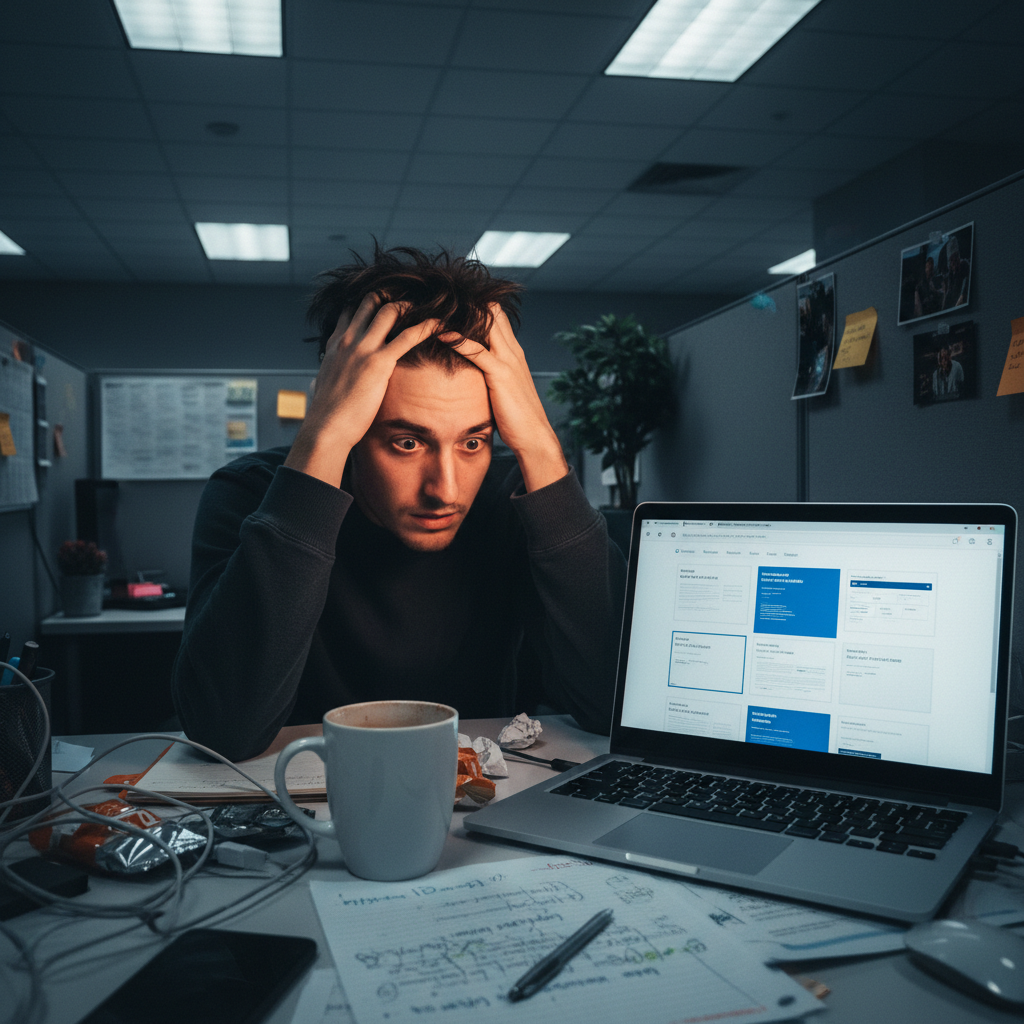 Candid office scene of marketer at night with frustrated expression and generic emails on screen