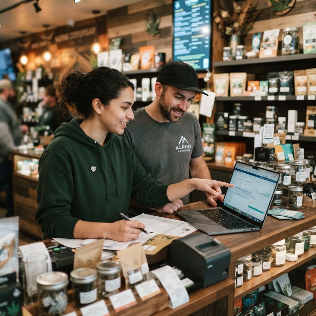 Two dispensary workers reviewing strategy on a laptop behind the counter