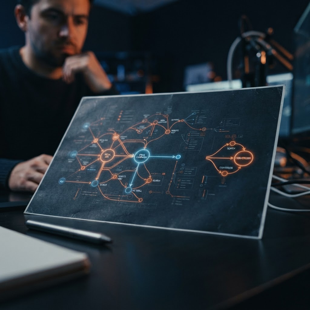 A printed marketing attribution graph with a missing conversion path represented by disconnected glowing nodes