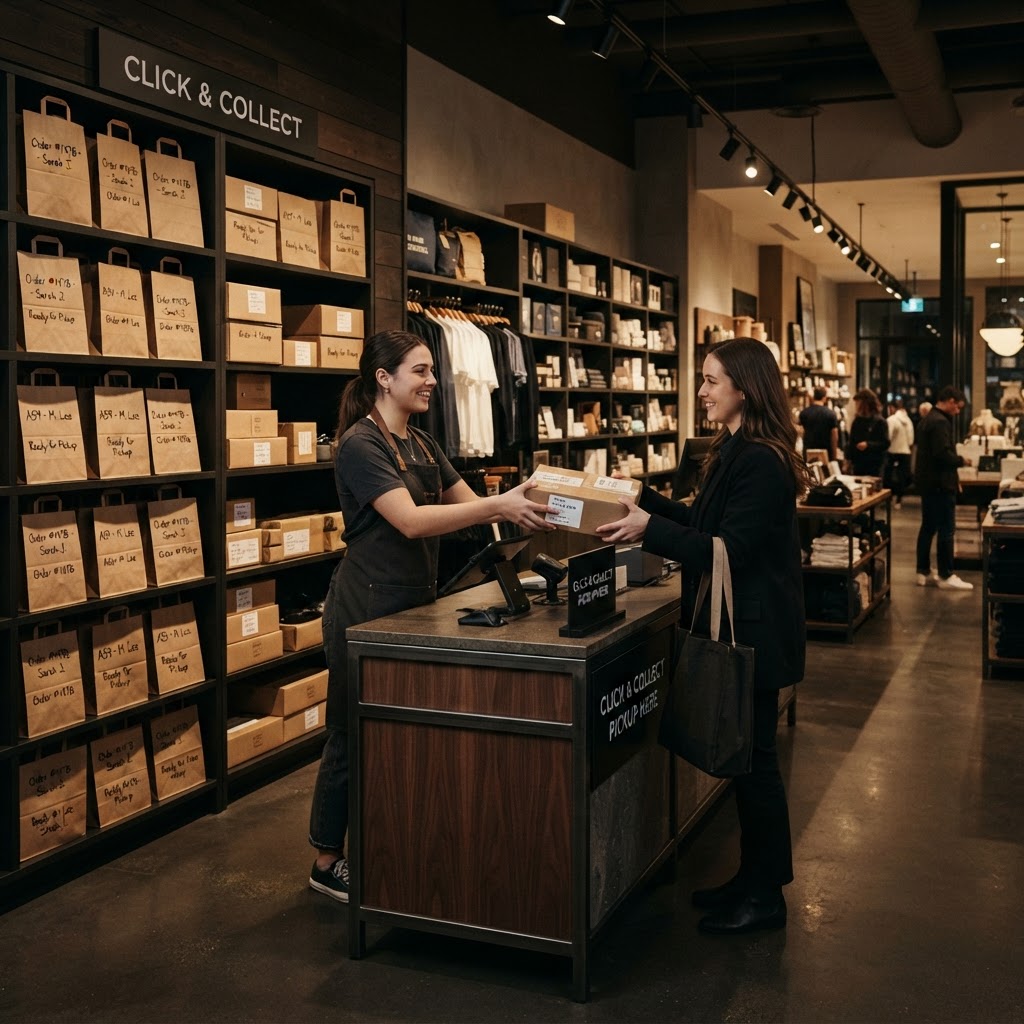 A good pickup experience makes the store feel faster, not more complicated. A modern retail pickup counter with organized shelves and a human handoff.