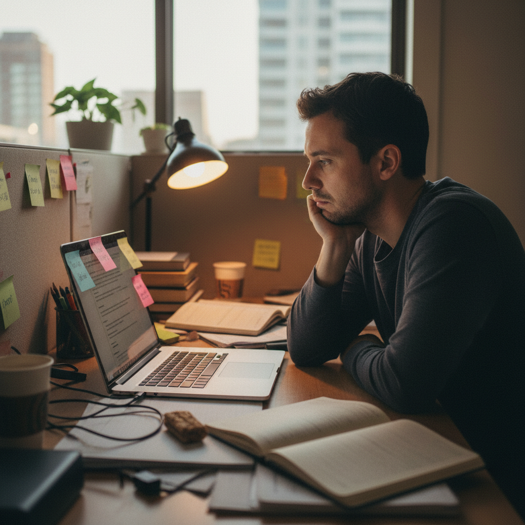 Person at laptop surrounded by papers, looking tired