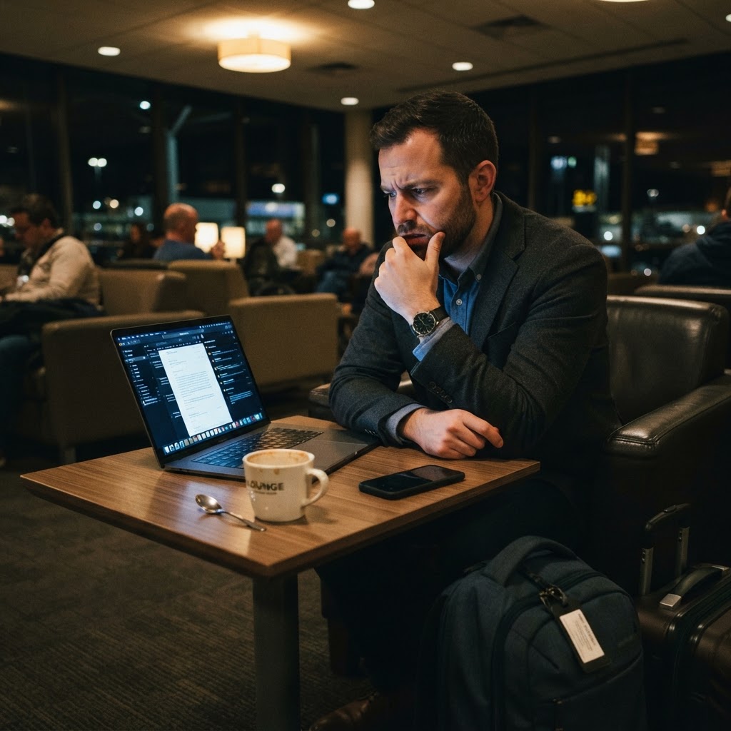 A business traveler in an airport lounge looking at a laptop with a frustrated expression, representing the gap between what buyers see in AI answers and what your analytics show